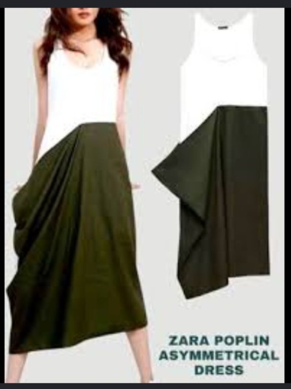 ZARA TRF Colorblock Asymmetrical Draped Tank Dress White Olive M NWT